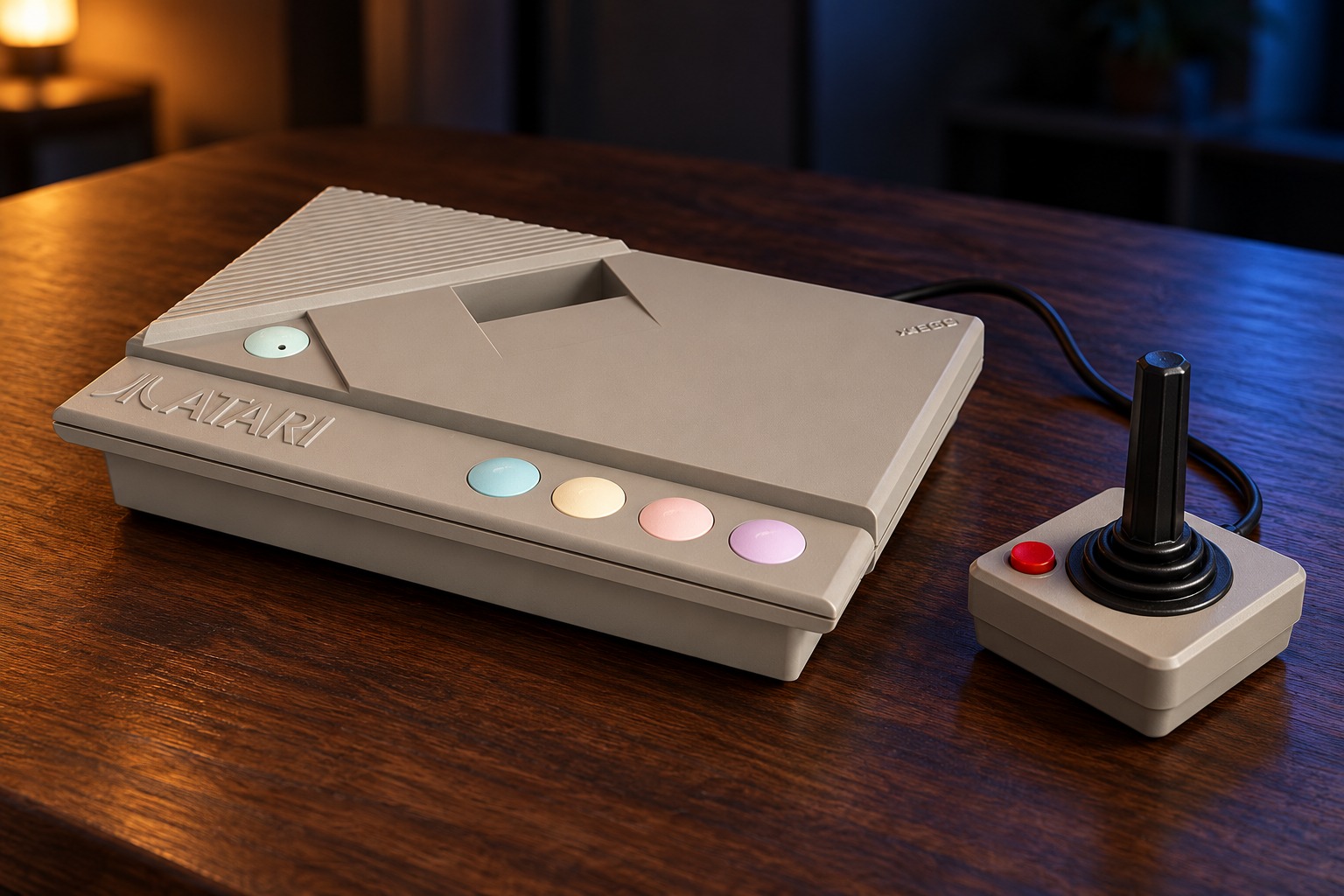 Atari XEGS mit passendem Controller auf einem dunklen Holztisch vor dezent beleuchtetem Hintergrund