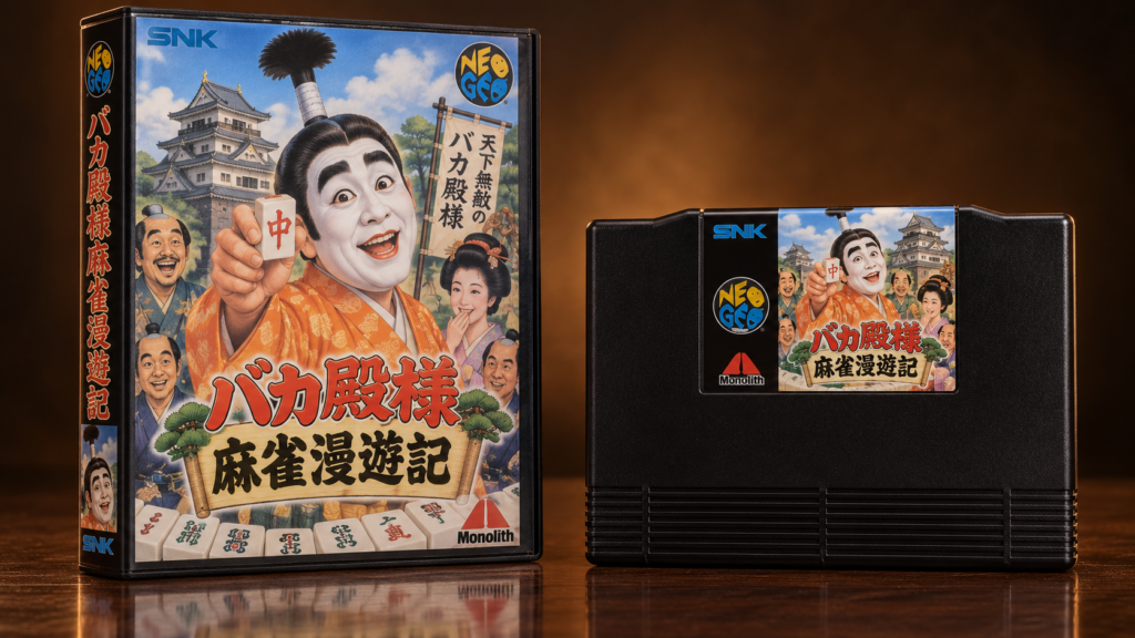 Bakatono-sama Mahjong Manyuki: Neo-Geo-AES-Verpackung und Modul auf dunkler spiegelnder Oberfläche, KI-gestützte Produktaufnahme