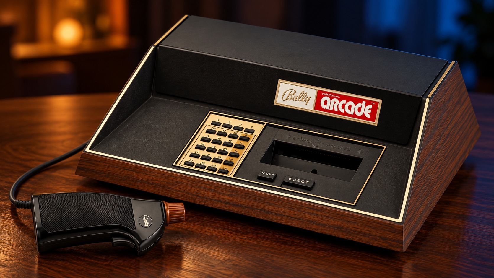 Bally Astrocade mit passendem Controller auf einem dunklen Holztisch vor dezent beleuchtetem Hintergrund