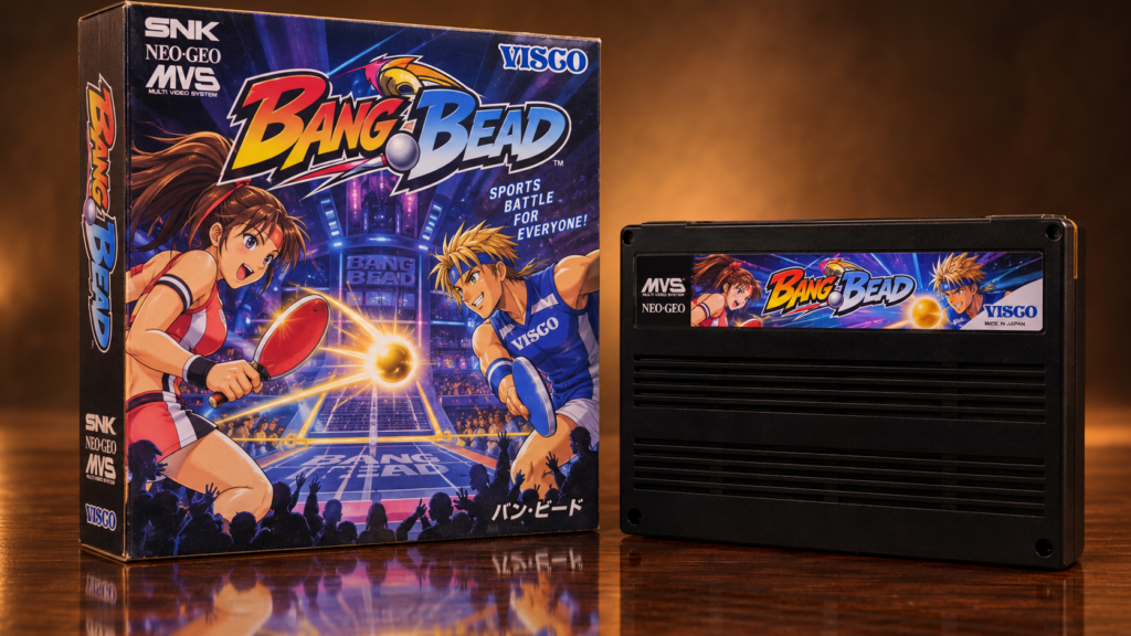 Bang Bead: Neo-Geo-MVS-Verpackung und Modul auf dunkler spiegelnder Oberfläche, KI-gestützte Produktaufnahme