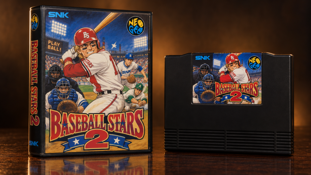Baseball Stars 2: Neo-Geo-AES-Verpackung und Modul auf dunkler spiegelnder Oberfläche, KI-gestützte Produktaufnahme