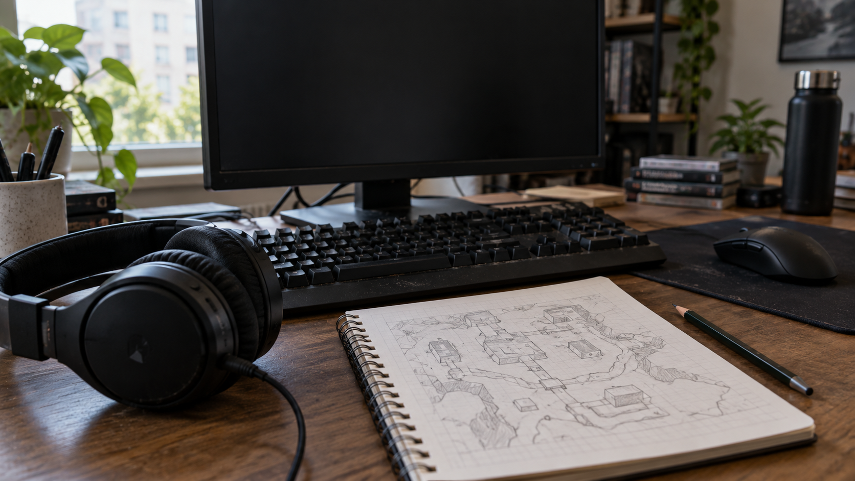 Gaming-Arbeitsplatz mit Headset, Tastatur und Kartenskizze – KI-Symbolbild zur Battlefield-Entwicklung.