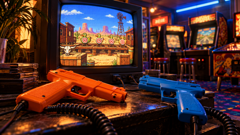 Light-Gun-Spiele: orangefarbene und blaue Arcade-Controller vor einem Röhrenfernseher – KI-Illustration