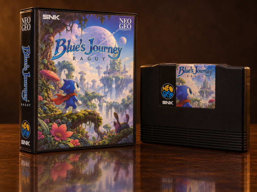 KI-gestützter Packshot von Blue’s Journey / Raguy mit Neo-Geo-AES-Verpackung und Modul auf dunkler spiegelnder Oberfläche