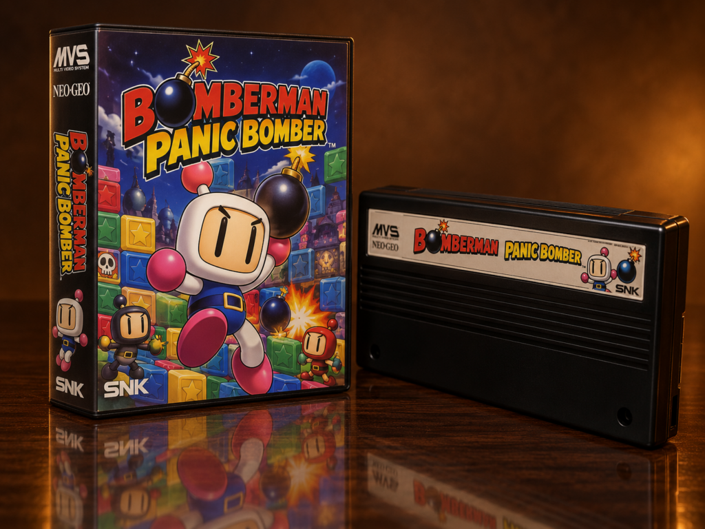 KI-gestützter Packshot von Bomberman: Panic Bomber mit Neo-Geo-MVS-Verpackung und Modul auf dunkler spiegelnder Oberfläche