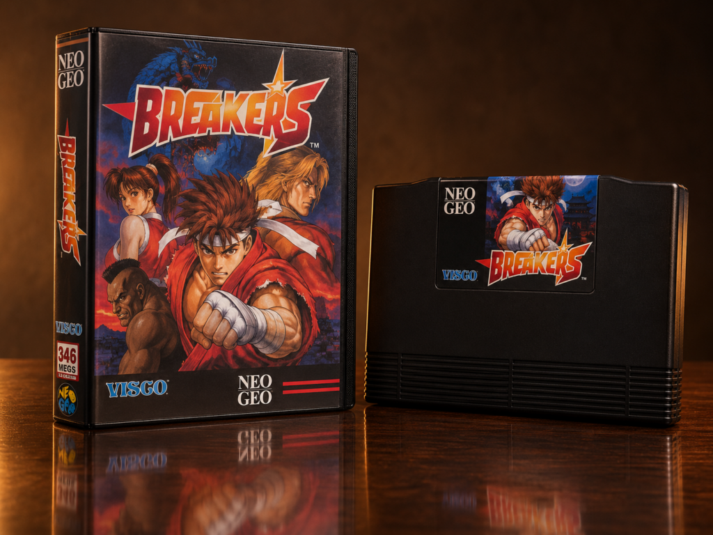 KI-gestützter Packshot von Breakers mit Neo-Geo-AES-Verpackung und Modul auf dunkler spiegelnder Oberfläche