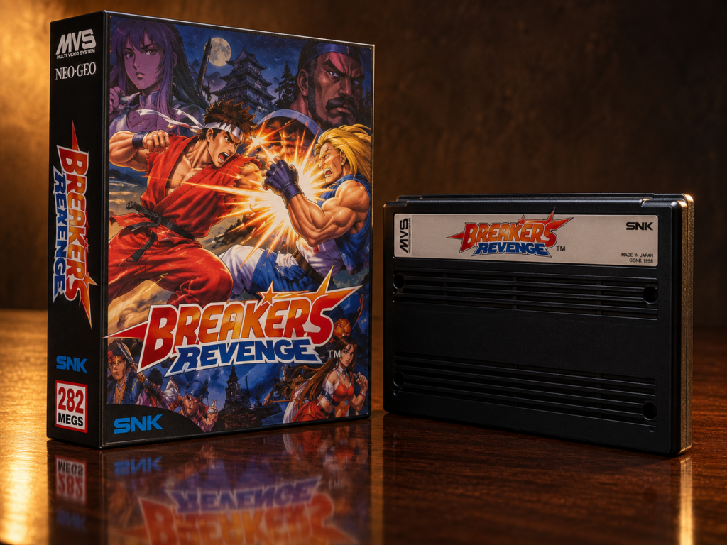 KI-gestützter Packshot von Breakers Revenge mit Neo-Geo-MVS-Verpackung und Modul auf dunkler spiegelnder Oberfläche
