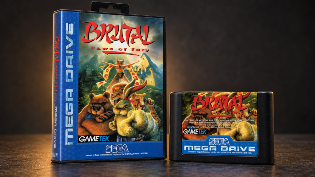 Brutal: Paws of Fury – originale Mega-Drive-Verpackung und Modul als 16:9-Packshot