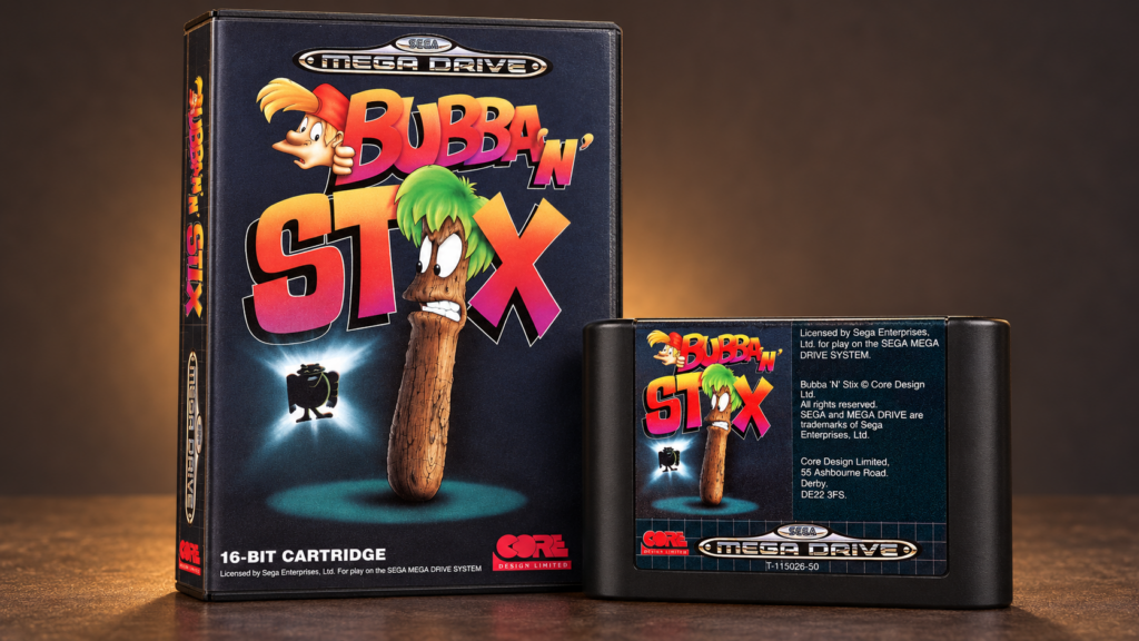 Bubba ’n’ Stix – originale Mega-Drive-Verpackung und Modul als 16:9-Packshot