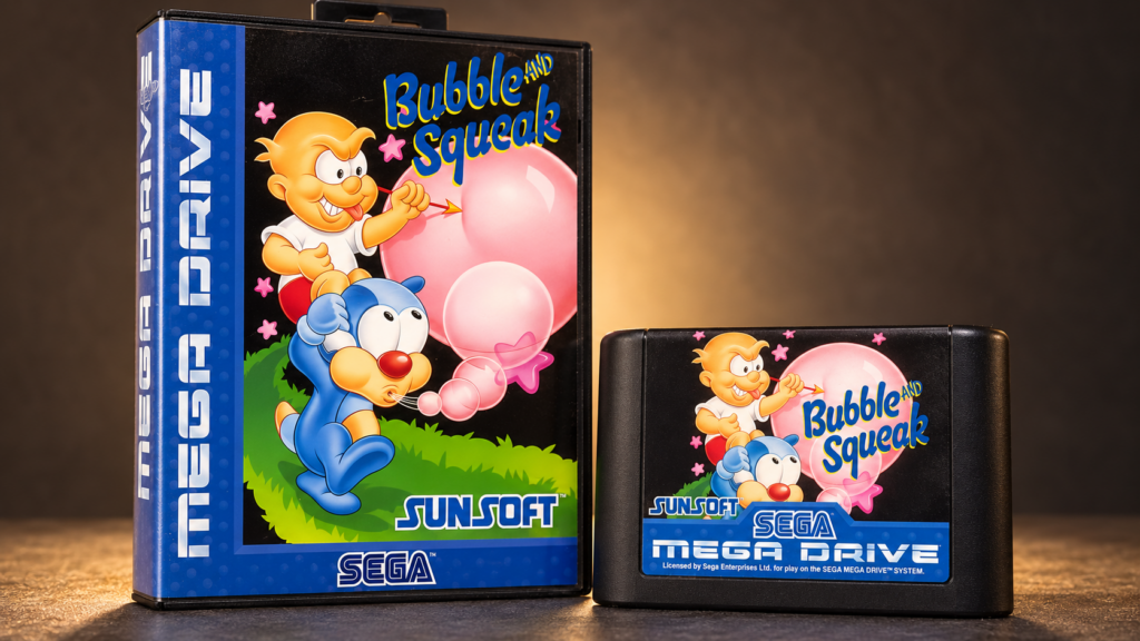 Bubble and Squeak – originale Mega-Drive-Verpackung und Modul als 16:9-Packshot