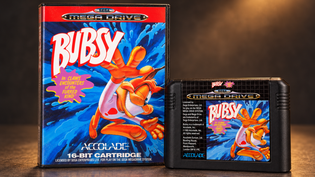 Bubsy in: Claws Encounters of the Furred Kind – originale Mega-Drive-Verpackung und Modul als 16:9-Packshot