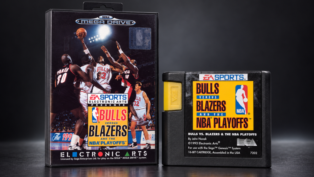 Bulls vs. Blazers and the NBA Playoffs – originale Mega-Drive-Verpackung und Modul als 16:9-Packshot