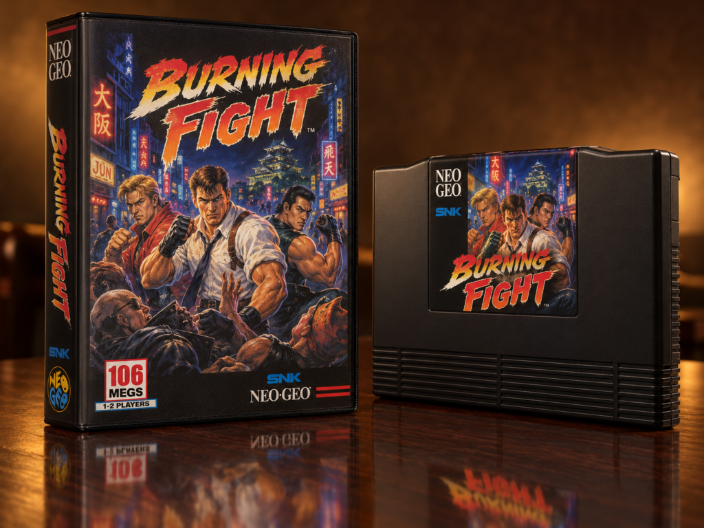KI-gestützter Packshot von Burning Fight mit Neo-Geo-AES-Verpackung und Modul auf dunkler spiegelnder Oberfläche