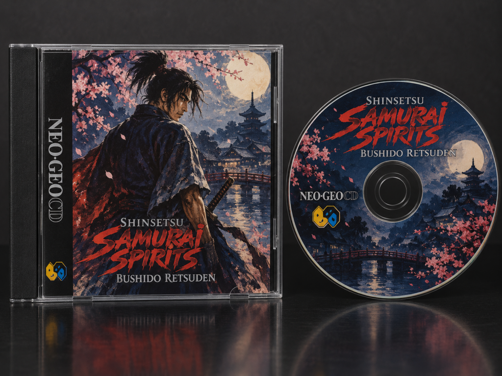 Shinsetsu Samurai Spirits Bushido Retsuden: KI-Packshot mit Neo-Geo-CD-Hülle und Disc