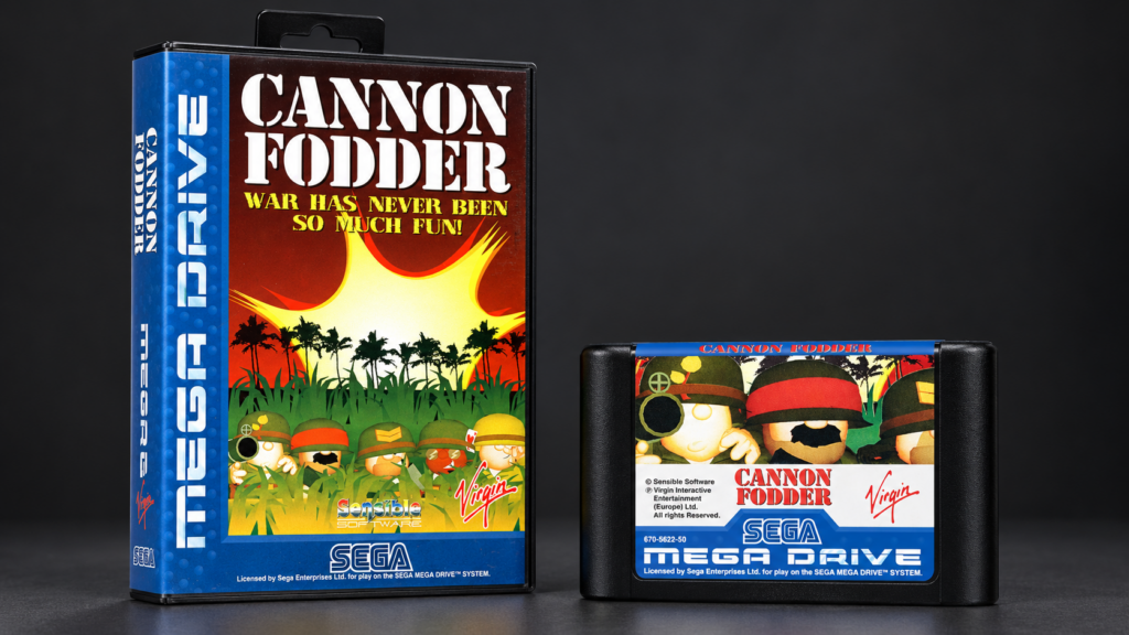 Cannon Fodder – originale Mega-Drive-Verpackung und Modul als 16:9-Packshot