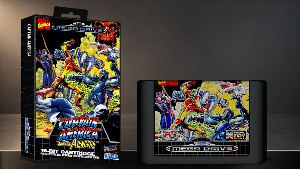 Captain America and the Avengers: Originalcover auf einer Sega-Mega-Drive-Hülle neben dem Original-Spielmodul