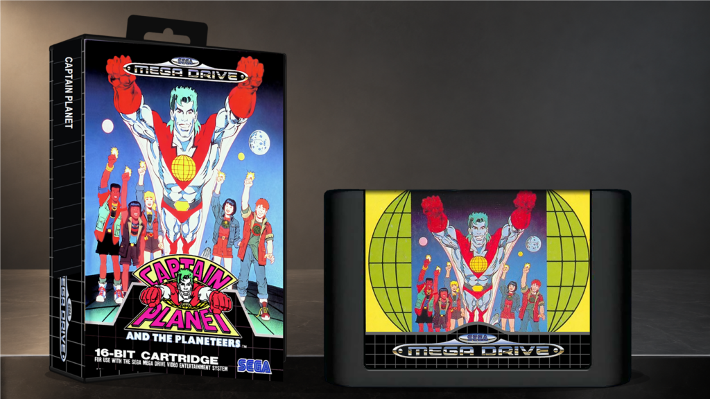 Captain Planet and the Planeteers: Originalcover auf einer Sega-Mega-Drive-Hülle neben dem Original-Spielmodul