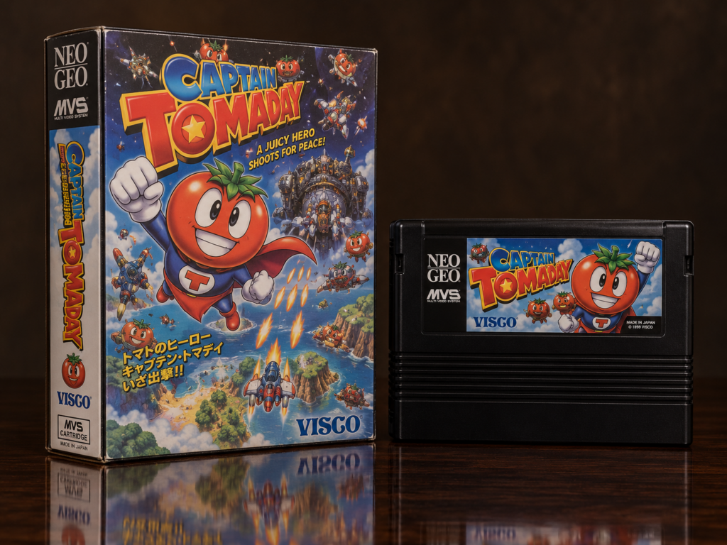 KI-gestützter Packshot von Captain Tomaday mit Neo-Geo-MVS-Kit und Modul auf dunkler spiegelnder Oberfläche