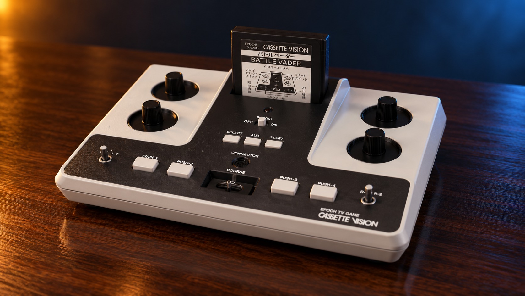 Epoch Cassette Vision mit passendem Controller auf einem dunklen Holztisch vor dezent beleuchtetem Hintergrund