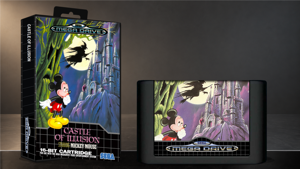 Castle of Illusion Starring Mickey Mouse: Originalcover auf einer Sega-Mega-Drive-Hülle neben dem Original-Spielmodul