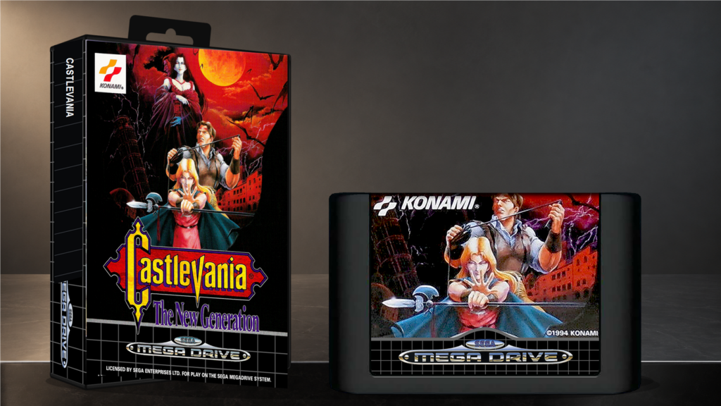 Castlevania: The New Generation: Originalcover auf einer Sega-Mega-Drive-Hülle neben dem Original-Spielmodul