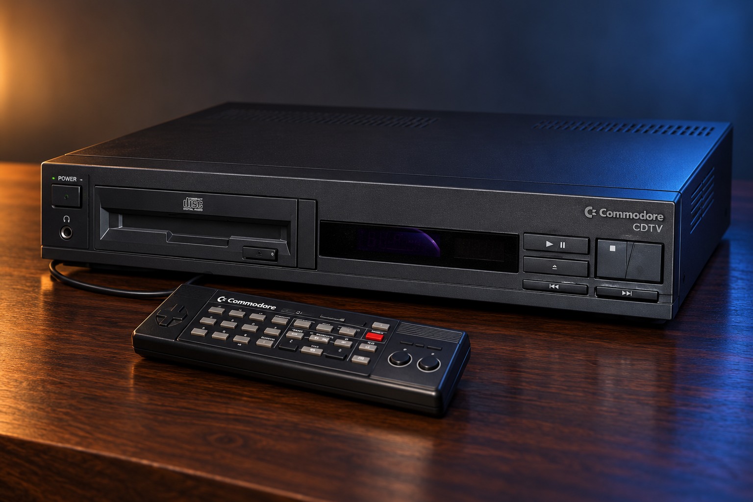 Commodore CDTV mit passendem Controller auf einem dunklen Holztisch vor dezent beleuchtetem Hintergrund