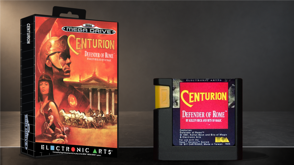 Centurion: Defender of Rome: Originalcover auf einer Sega-Mega-Drive-Hülle neben dem Original-Spielmodul