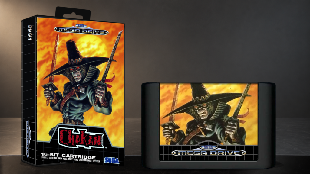 Chakan: The Forever Man: Originalcover auf einer Sega-Mega-Drive-Hülle neben dem Original-Spielmodul