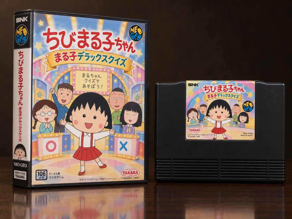 KI-gestützter Packshot von Chibi Maruko-chan: Maruko Deluxe Quiz mit Neo-Geo-AES-Verpackung und Modul auf dunkler spiegelnder Oberfläche