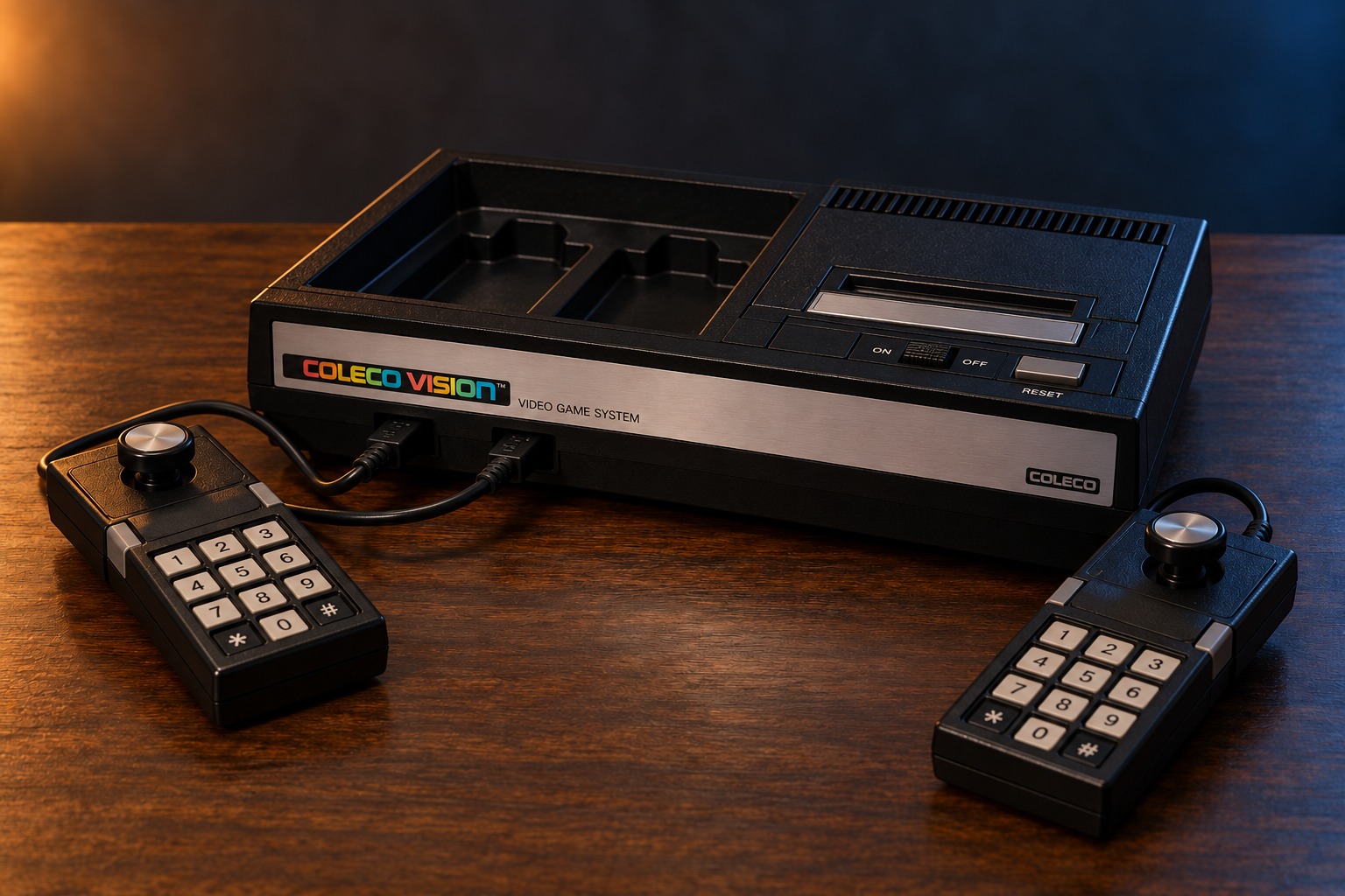 ColecoVision mit passendem Controller auf einem dunklen Holztisch vor dezent beleuchtetem Hintergrund