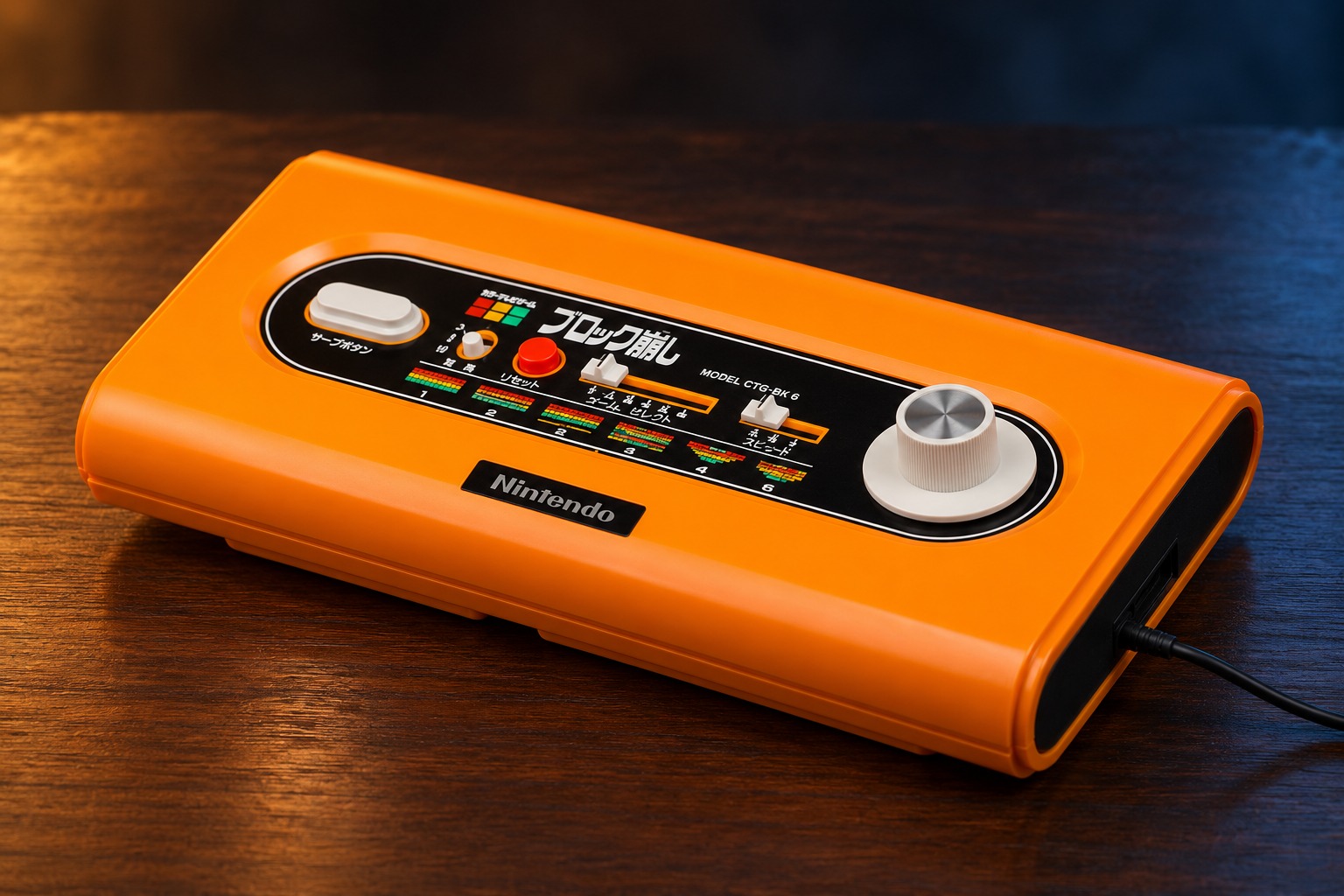Nintendo Color TV-Game Block Kuzushi mit passendem Controller auf einem dunklen Holztisch vor dezent beleuchtetem Hintergrund