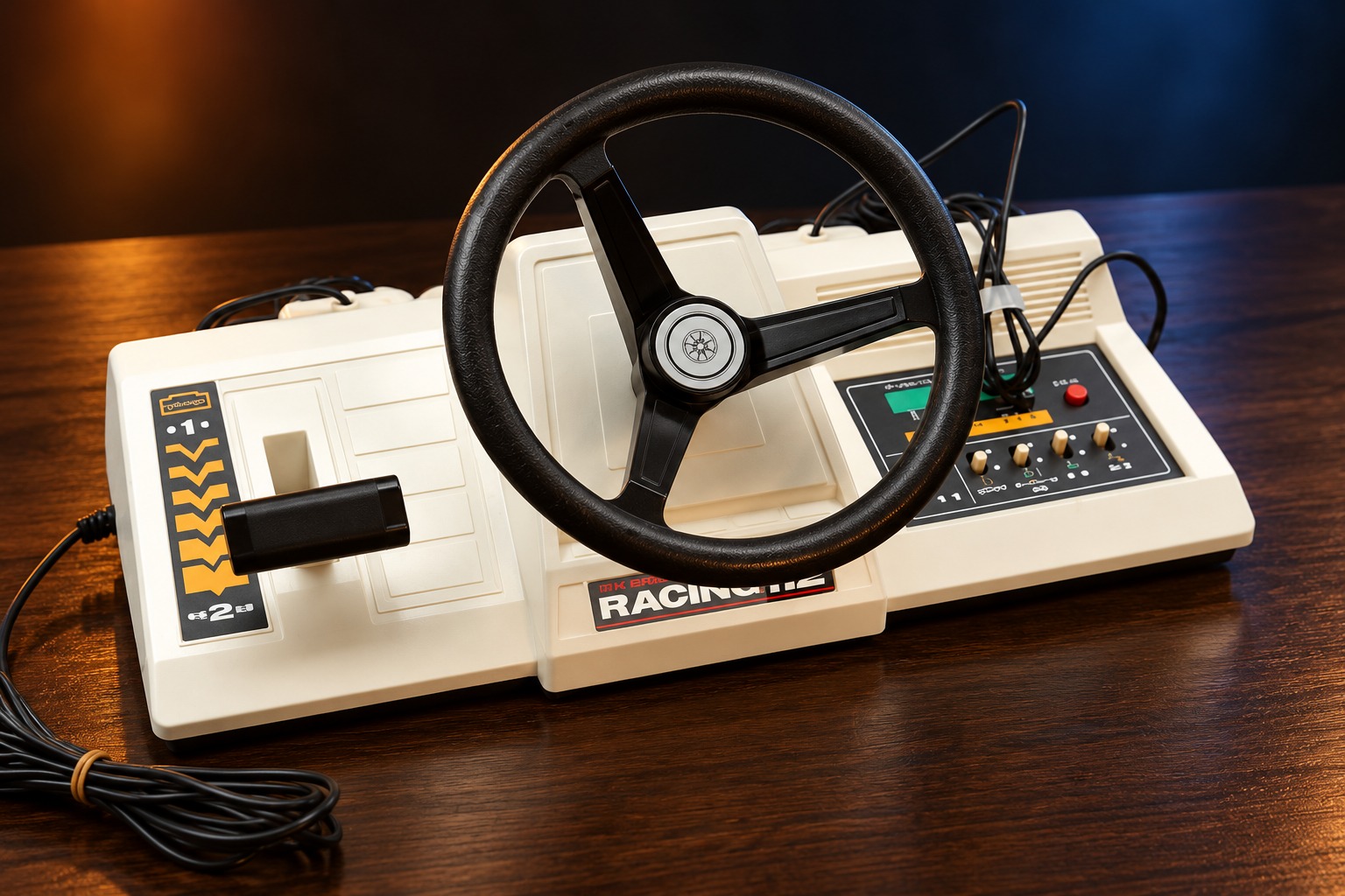Nintendo Color TV-Game Racing 112 mit passendem Controller auf einem dunklen Holztisch vor dezent beleuchtetem Hintergrund