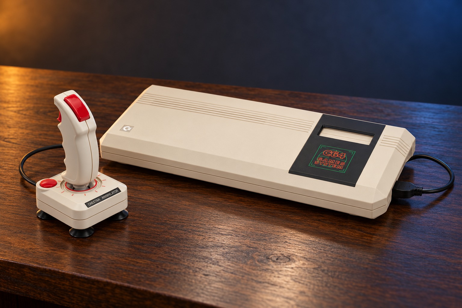 Commodore 64 Games System mit passendem Controller auf einem dunklen Holztisch vor dezent beleuchtetem Hintergrund