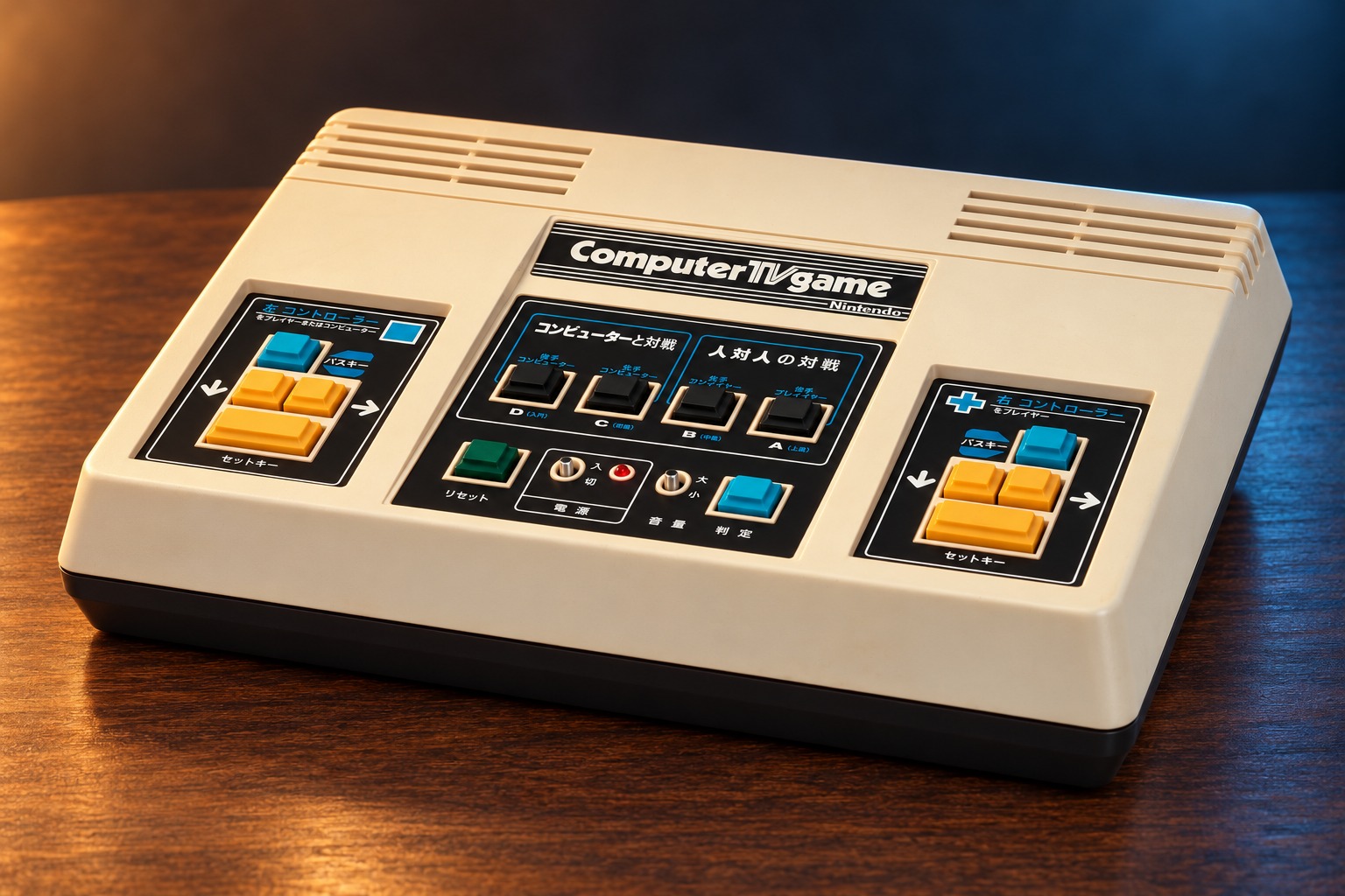 Nintendo Computer TV-Game mit passendem Controller auf einem dunklen Holztisch vor dezent beleuchtetem Hintergrund