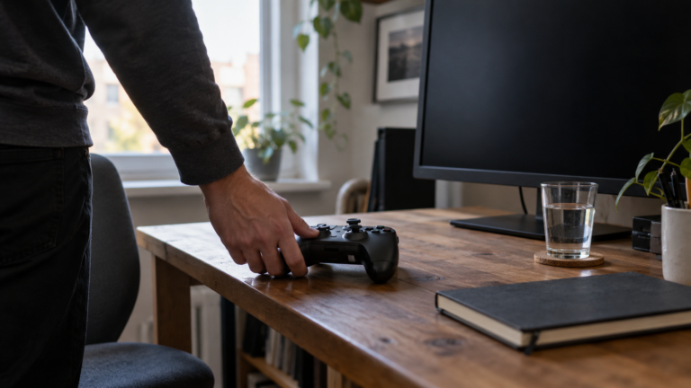 Hand legt einen Gamecontroller auf einen Schreibtisch neben Notizbuch und Wasserglas; ausgeschalteter Monitor im Hintergrund