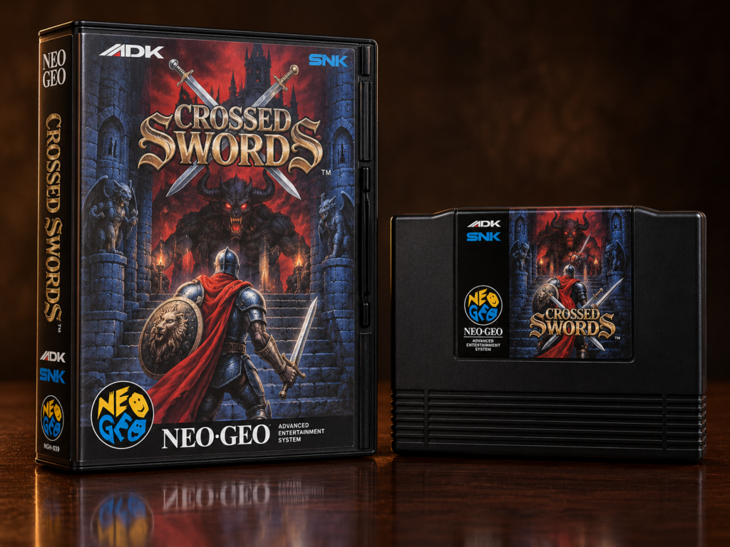 KI-gestützter Packshot von Crossed Swords mit Neo-Geo-AES-Verpackung und Modul auf dunkler spiegelnder Oberfläche