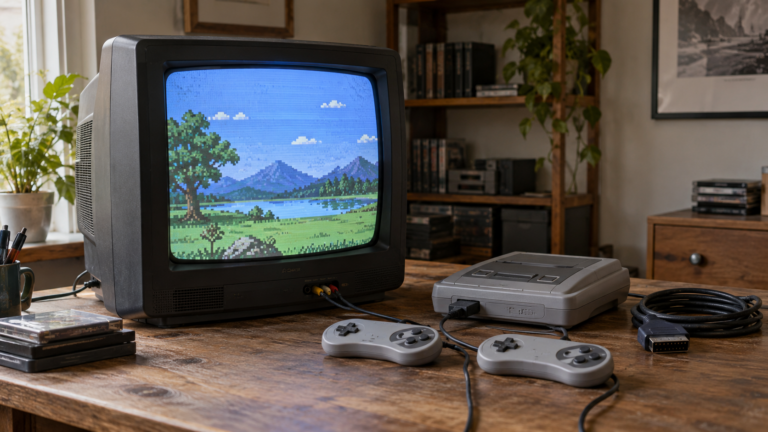 Röhrenfernseher im 4:3-Format mit Retro-Konsole, kabelgebundenen Controllern und Scart-Kabel auf einem Holztisch