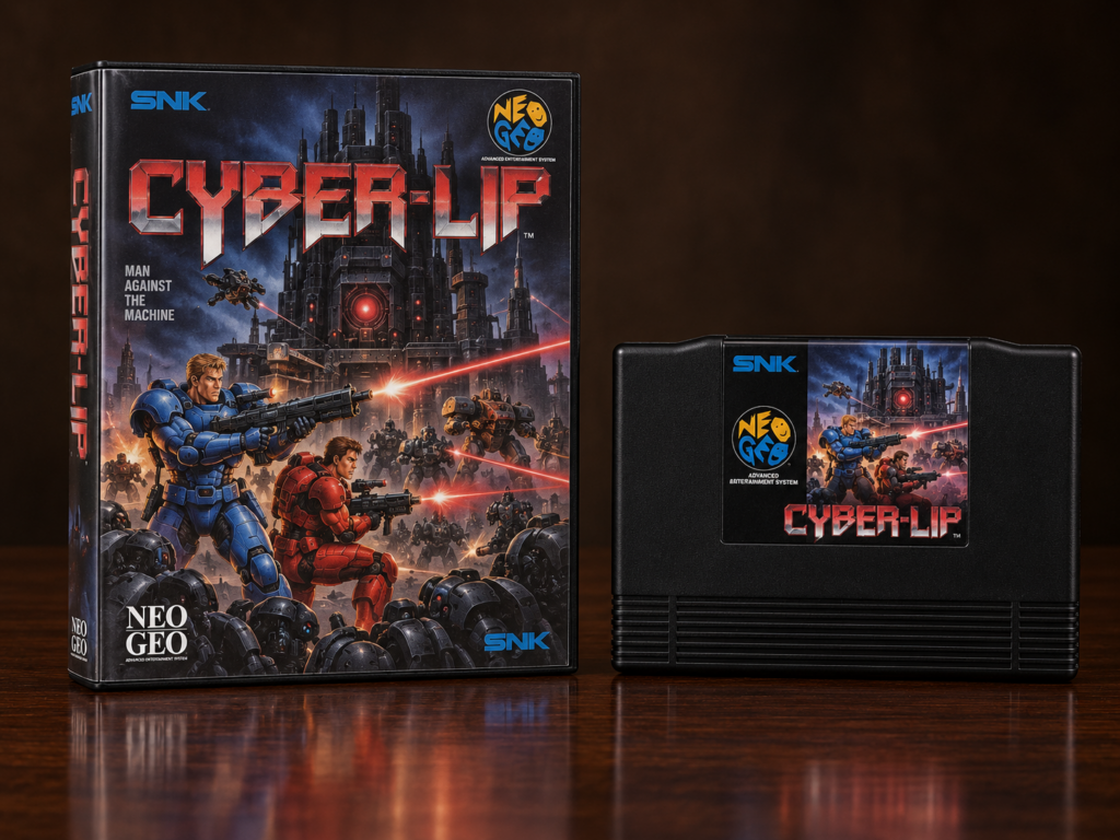 KI-gestützter Packshot von Cyber-Lip mit Neo-Geo-AES-Verpackung und Modul auf dunkler spiegelnder Oberfläche