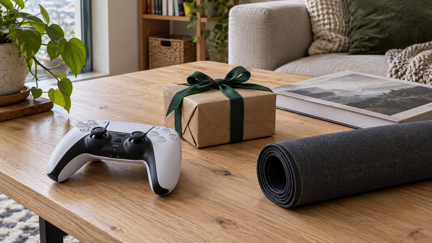 Geschenkpaket mit Controller, Buch und Schreibtischunterlage auf einem Holztisch bei Tageslicht