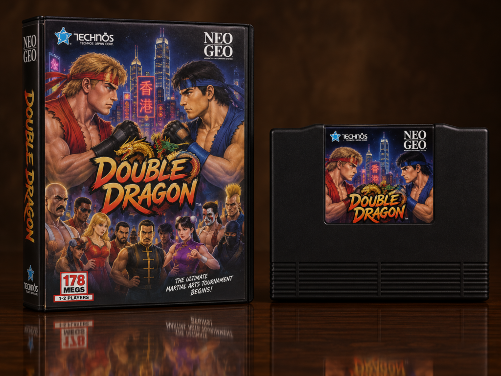 KI-gestützter Packshot von Double Dragon mit Neo-Geo-AES-Verpackung und Modul auf dunkler spiegelnder Oberfläche