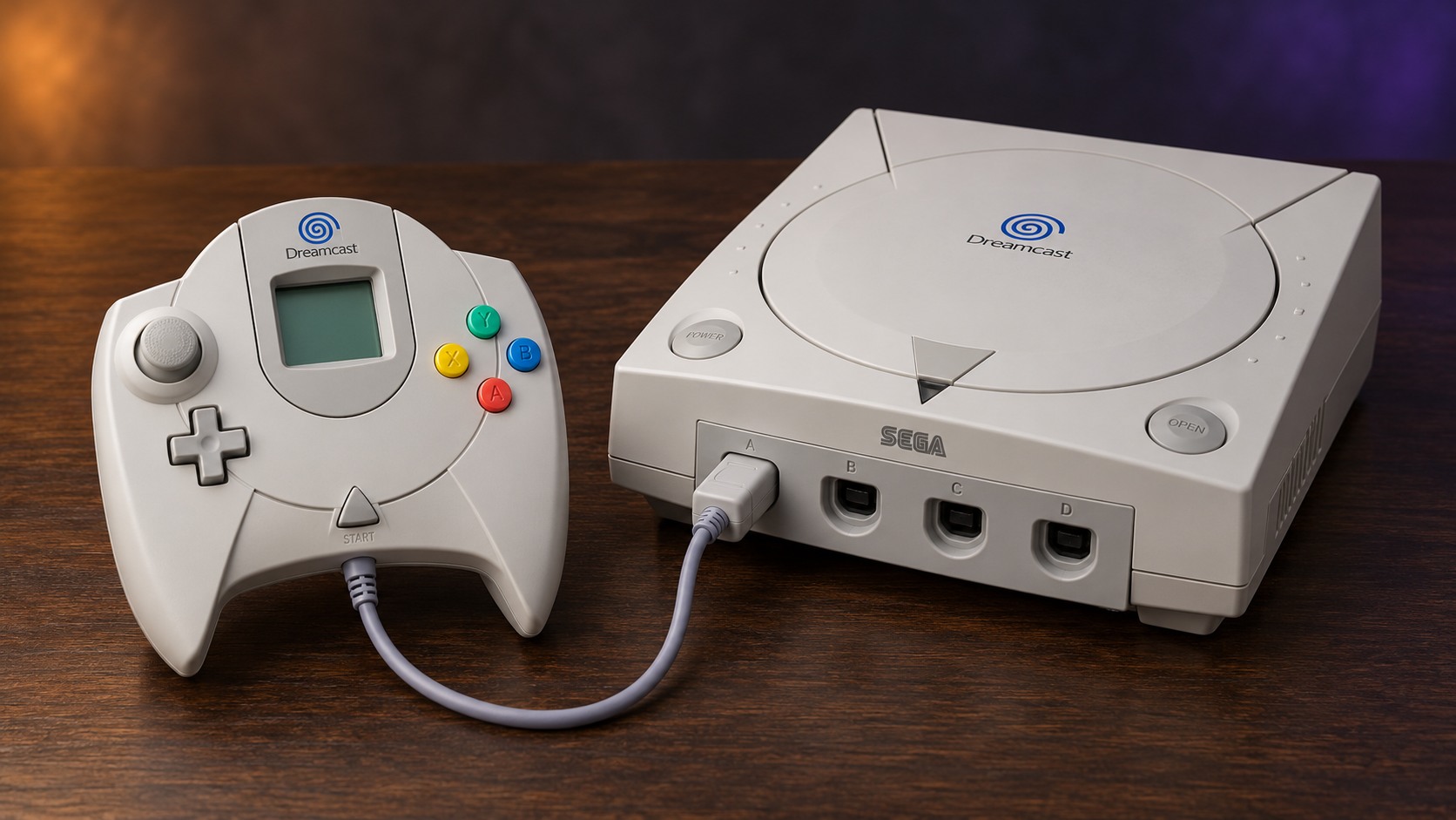 Sega Dreamcast mit passendem Controller auf einem dunklen Holztisch vor dezent beleuchtetem Hintergrund