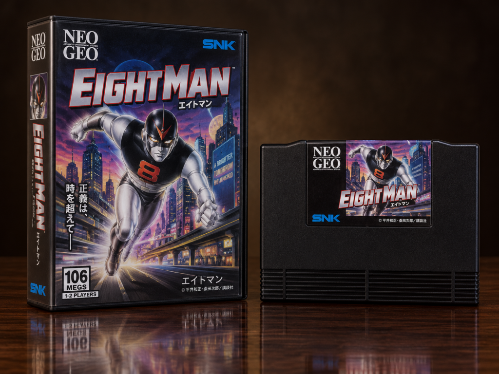 KI-gestützter Packshot von Eight Man mit Neo-Geo-AES-Verpackung und Modul auf dunkler spiegelnder Oberfläche