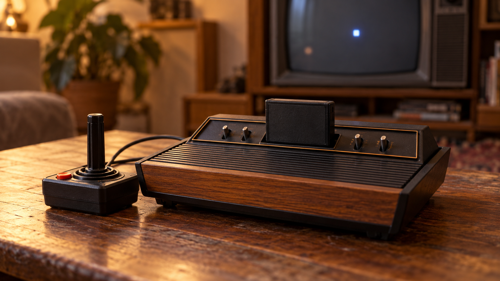Holzdekor-Konsole mit Joystick, unbeschriftetem Modul und leuchtendem Punkt – KI-generierte Rekonstruktion