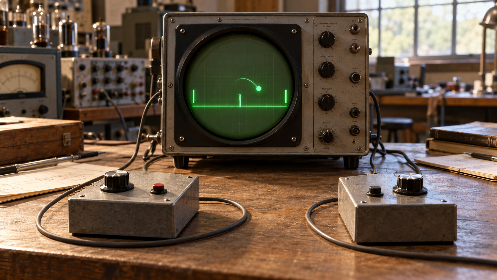 Oszilloskop und zwei Steuerkästen als Symbol für frühe elektronische Spiele.