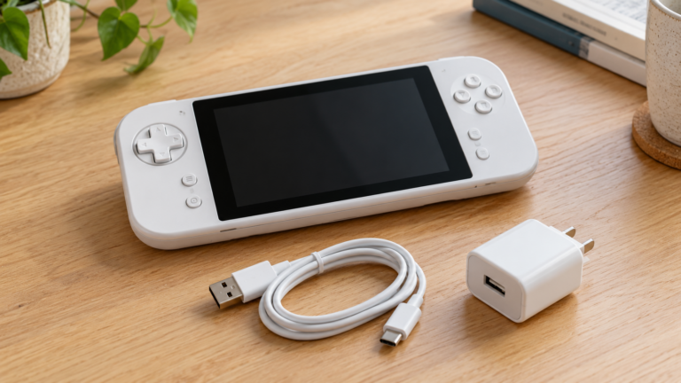 Fotorealistisches KI-Symbolbild: weißer Retro-Handheld mit USB-Ladekabel und Netzteil auf einem Tisch.