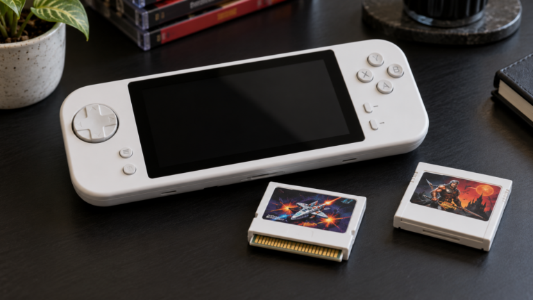 Fotorealistisches KI-Symbolbild: Retro-Handheld und zwei Spielmodule, eines mit sichtbarer Kontaktleiste.