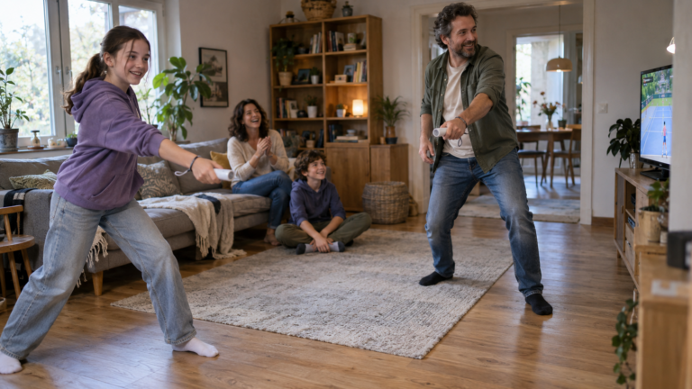 Familie spielt gemeinsam ein bewegungsgesteuertes Tennisspiel im Wohnzimmer