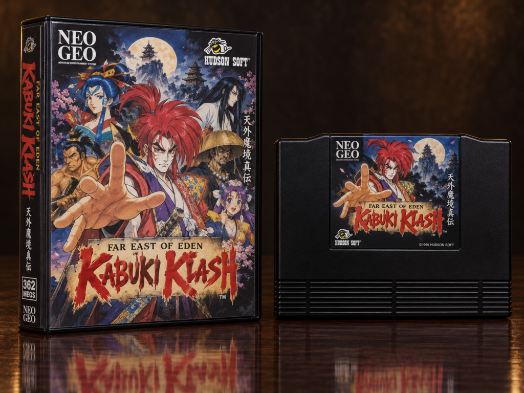 KI-gestützter Packshot von Far East of Eden: Kabuki Klash mit Neo-Geo-AES-Verpackung und Modul auf dunkler spiegelnder Oberfläche