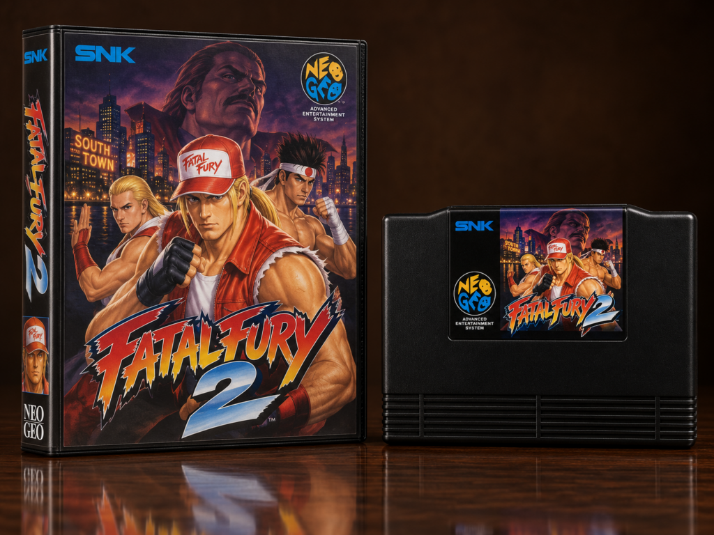 KI-gestützter Packshot von Fatal Fury 2 mit Neo-Geo-AES-Verpackung und Modul auf dunkler spiegelnder Oberfläche