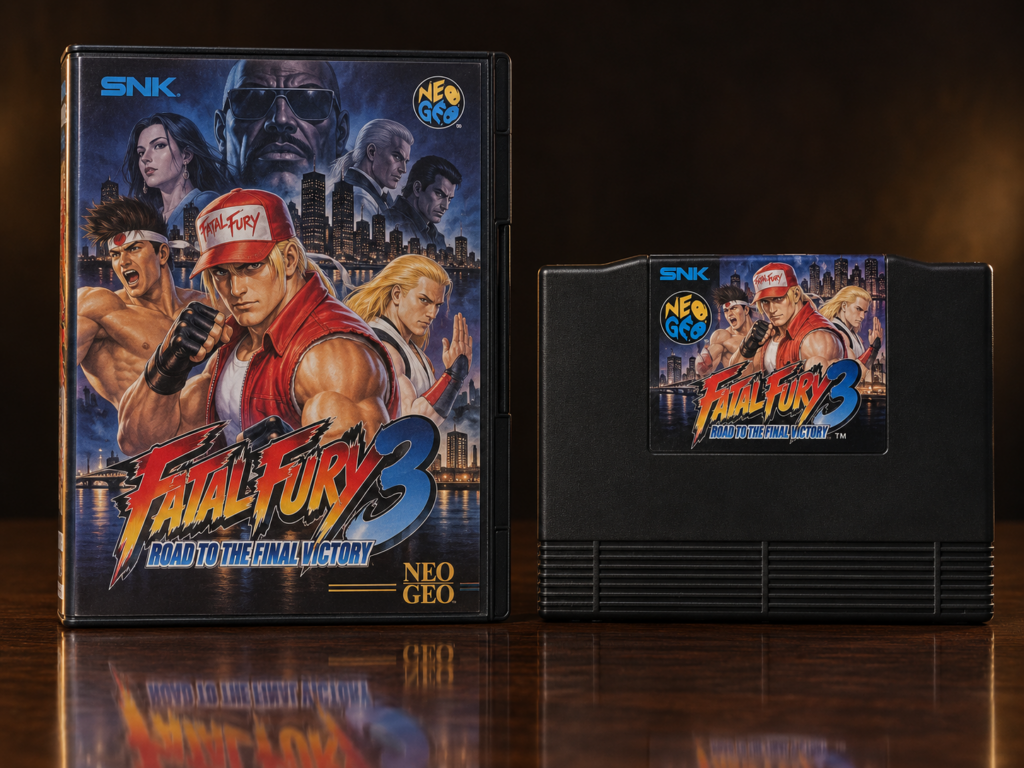 KI-gestützter Packshot von Fatal Fury 3: Road to the Final Victory mit Neo-Geo-AES-Verpackung und Modul auf dunkler spiegelnder Oberfläche